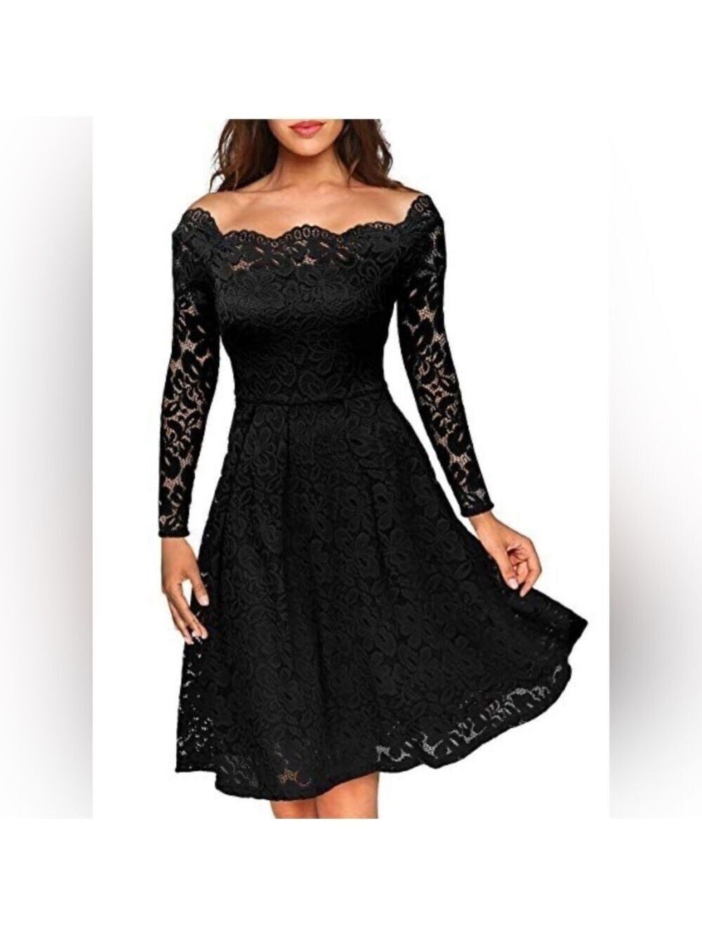 MISSMAY Vintage Floral Lace Long Sleeve Boat Neck Cocktail Party Swing Dress XXL